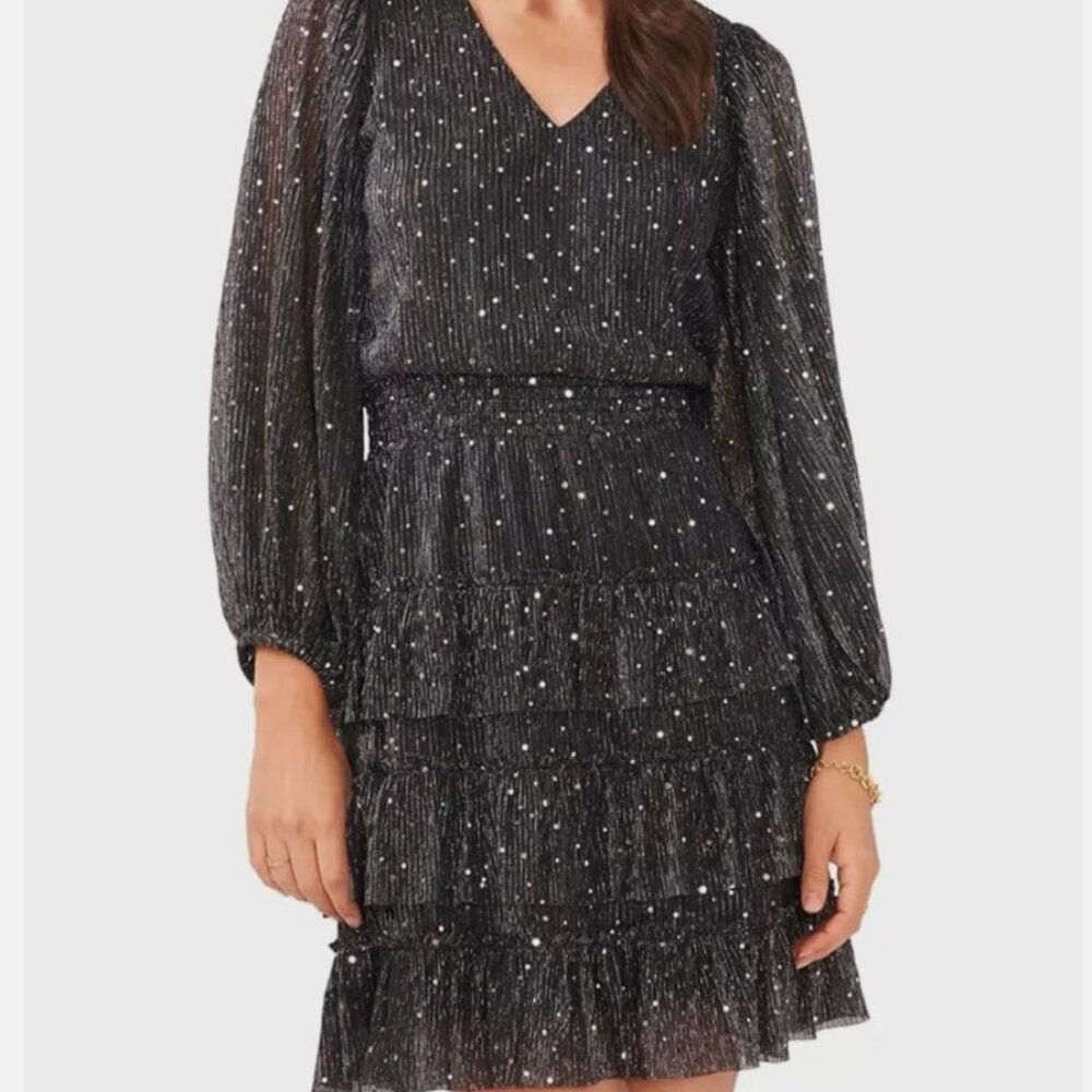 NWT Vince Camuto Women's Sparkle Dot Tiered Dress (size L, Coal/Silver)